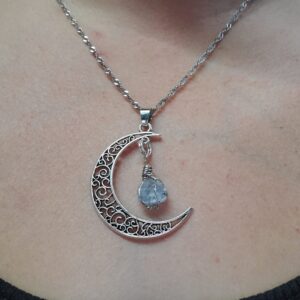 Silver Moon  Necklace with a stunning wire wrapped Adirondack Blue Calcite Gem